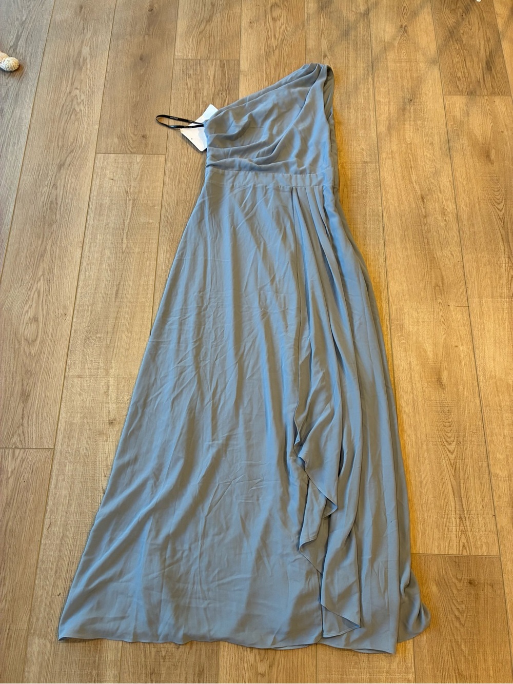NWT TFNC One-Shoulder dusty Blue silky formal Maxi Dress slit/ruffle in front 10